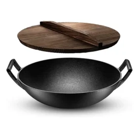Vok od lijevanog željeza s tradicionalnim drvenim poklopcem (36,5 cm)